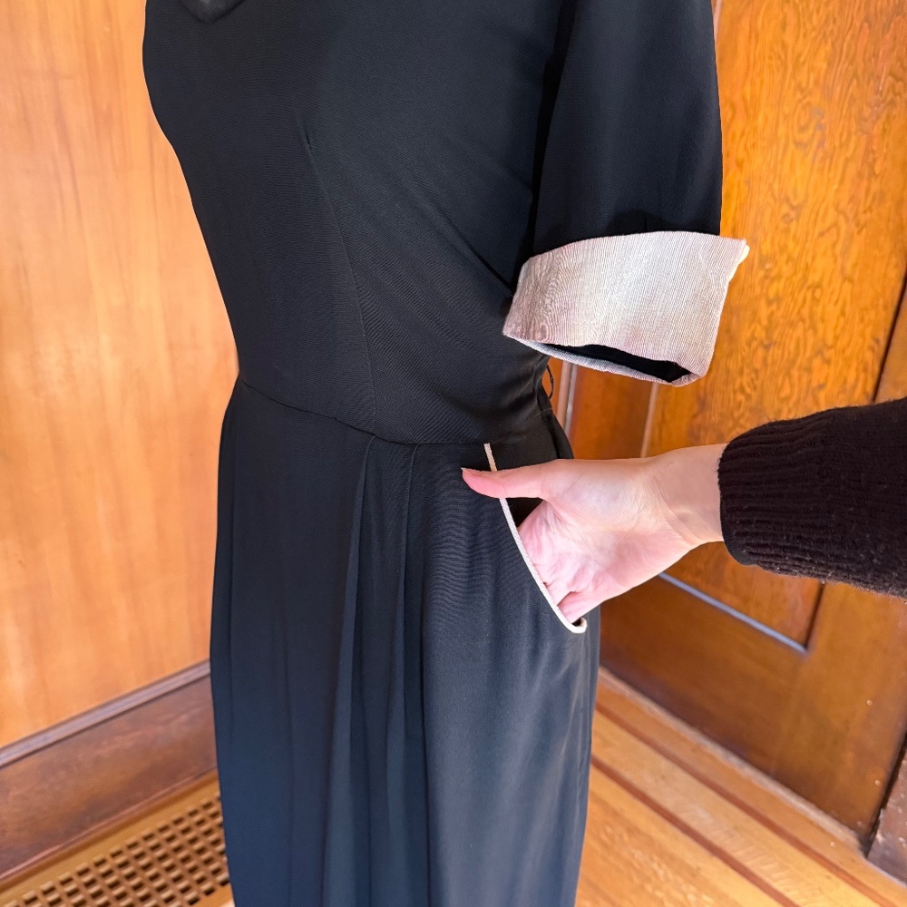 Vintage 40s 50s Black Cocktail Evening Dress w/ White Gold Lurex Rhinestones, XL - Picture 5 of 9